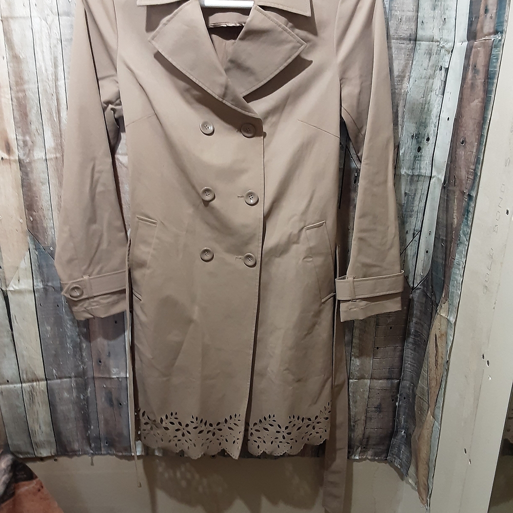New York & Company Beige Trench Coat with Cutout Hem